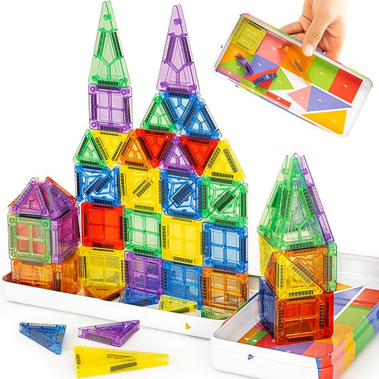 cossy Mini Magnetic Tiles, 60 PCS Magnet Tiles Travel Toys with Iron Box, Travel Magnetic Tiles for Restaurant, Car & Plane Play, Toys for 3 4 5 6 7 8 Year Old Boy and Girl