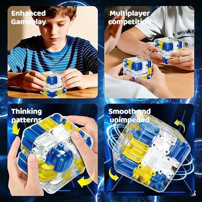 3D Rolling Ball Maze Cube, Marble Labyrinth Cube, 3D Labyrinth Puzzle Cube, Spatial Awareness Brain Training Educational Focus Game Gift for Adults Teens Kids (Yellow & Blue)