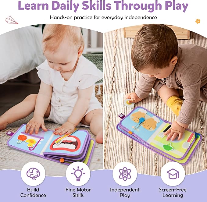Busy Book for Toddlers 1-3,Montessori Daily Life Felt Activity Book | Practice dressing, eating, hand washing, brushing teeth, bath time and bedtime through 8 interactive felt activities.