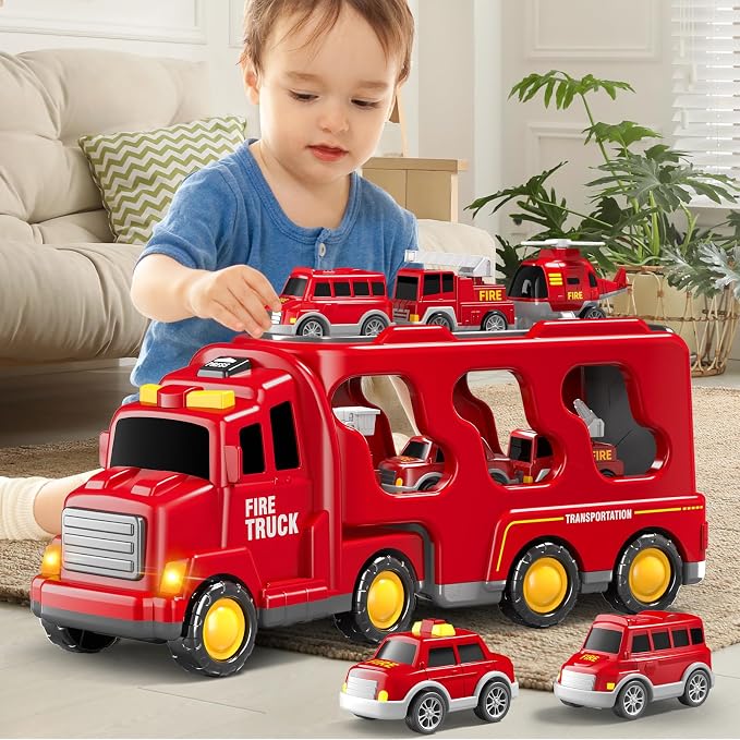 Beby Buty 7 in 1 Fire Trucks Cars Toys for Toddlers 3-5, Boy Toddler Car Truck Toys with Light Sound, Birthday Gifts Toys for 3 4 5 6 Year Old Boy