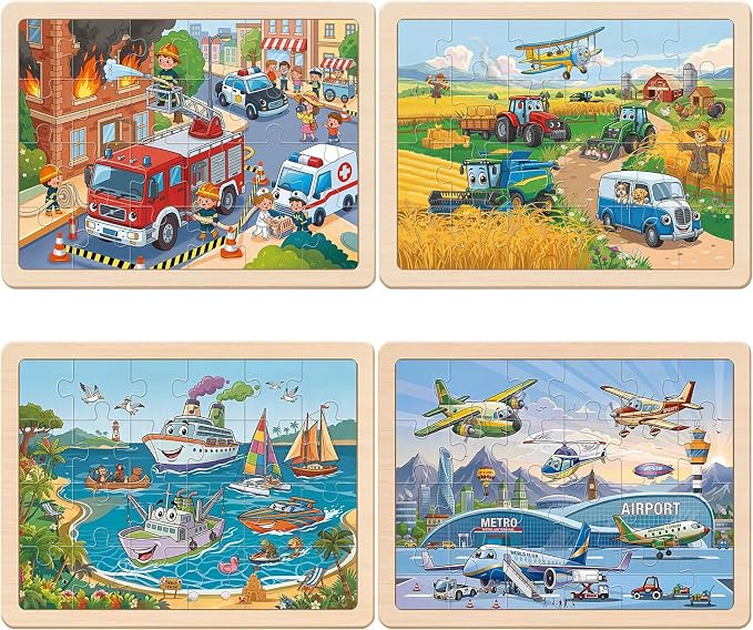 Wooden Puzzles for Kids Ages 4-6, 4 Pack with 24 Pieces Jigsaw Puzzles Preschool Educational Toys Gifts for Children Ages 3-5, Kids Toys Gifts for 4+ Year Olds Boys Girls