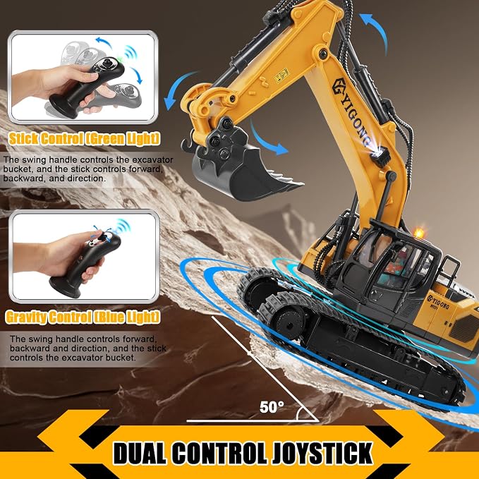 Remote Control Excavator for Boy 6 7 8 9 Years Old, 2.4 GHz Gravity Controlled Excavator Toys with Lights Sound, Rechargeable 11 CH RC Construction Vehicles Metal Shovel, Gifts for Kids 6-12 Year Old