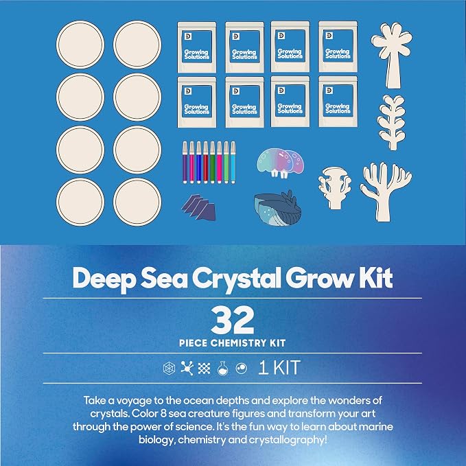 Discovery™ Deep Sea Crystal Grow Kit – 32-Piece STEM Chemistry Lab for Kids| Grow Colorful Crystals on 8 Sea Creatures| Educational Craft Kit with Art Supplies| DIY Science Activity Set Gift| Ages 8+