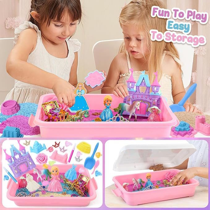TUZT Princess Unicorn Sensory Bin Sandbox for Girl Kid Toys, 2lbs Color Sensory Sand & 6 Castle Molds & Play Kits, Sand Box Toys for Kids Girls Toddlers 3 4 5 6 7 8 Christmas Birthday Gift