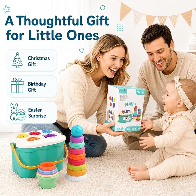 Baby Stacking Toys with Stacking Rings & Shape Sorter for 12+ Months | Stacking Rings Baby Toy with Color Sorting & Matching Play, 3 in 1 Learning Toy for 1 Year Olds