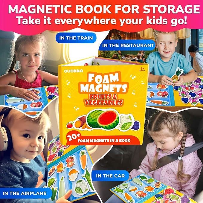 Travel Magnetic Puzzles for Toddlers 1-3 - 20+Pcs Toddler Puzzles Ages 2-4 | Fruits & Vegetables Magnet Puzzles with Extra-Long Play Book - Strong Magnets for Car Activity - Travel Toy for Kids Ages