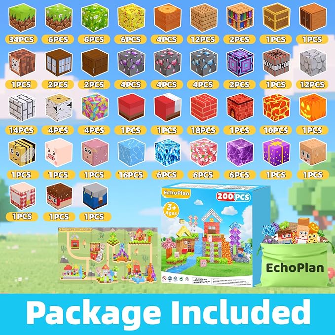 EchoPlan 200PCS Magnetic Blocks, Magnetic Building Blocks, Magnet Blocks Cubes, STEM Educational Stacking Magnet Toy for Kids Ages 3 4 5 6 7 8 9 10 11, Birthday Gifts for Boys and Girls, 1" Large Size
