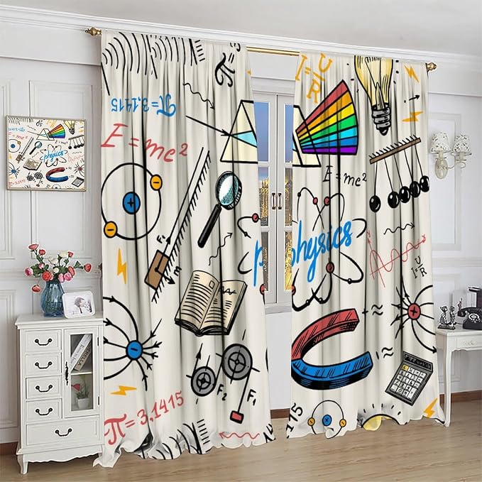 Science Physics Window Curtains, Abstract Math Chemistry Curtain Scientist Graffiti Print Window Treatments for Kids Teens Bedroom Living Room Set 2 Panels,84x84 Inches