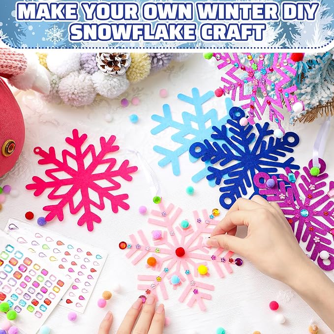 Jetec 72 Set Holiday Snowflake Craft Kit, Felt DIY Winter,Assorted Color | Holiday Arts and Crafts for Boys Girls, Colorful Felt Poms, Self-Adhesive Gem Stickers, Winter Party Ornament DIY