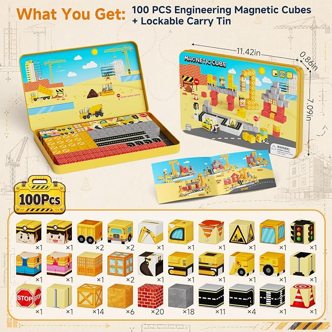 Magnetic Engineering Travel STEM：100PCS Blocks Kit for Boys Ages 3-8 | N32 Strong Magnets, 300+ Builds, 60+ Min Focus, 675g Ultra-Slim Tin, 1-Min Storage, ASTM Certified, Ideal for Travel