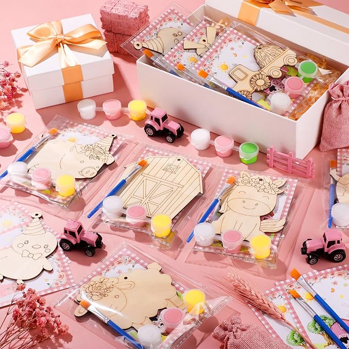 Saypacck 24 Pcs Party Favors Wooden Painting Craft Kits Birthday Party Supplies with Organza Bag for Goodie Bags Fillers Adult Thank You Gifts(Pink Farm)