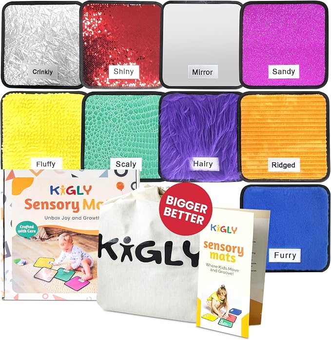 KIGLY® Labeled Sensory Mats for Kids - 9 Pack | Sensory Toys for Classroom with Activity Guide & Canvas Bag - 9x9 inches | Colorful Textured Mats for Autistic Children & Toddlers Learning