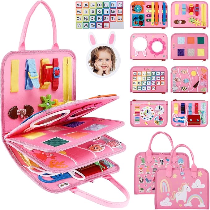 Busy Board, Sensory Board Travel Toys Gifts for Girls Boys, Montessori Toys to Learn Fine Motor Skills, Educational Activities Busy Book for Airplane Car (Pink)