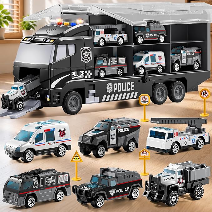Carrier Truck Toddlers Toys for 3 4 5 6 7 Years Old Boys, Toy Truck Transport Car & Die-Cast Car and Play Mat, Police Car Toys Birthday Gifts for Kids 3 4 5 6 7 8+ Years Old Boys Girls