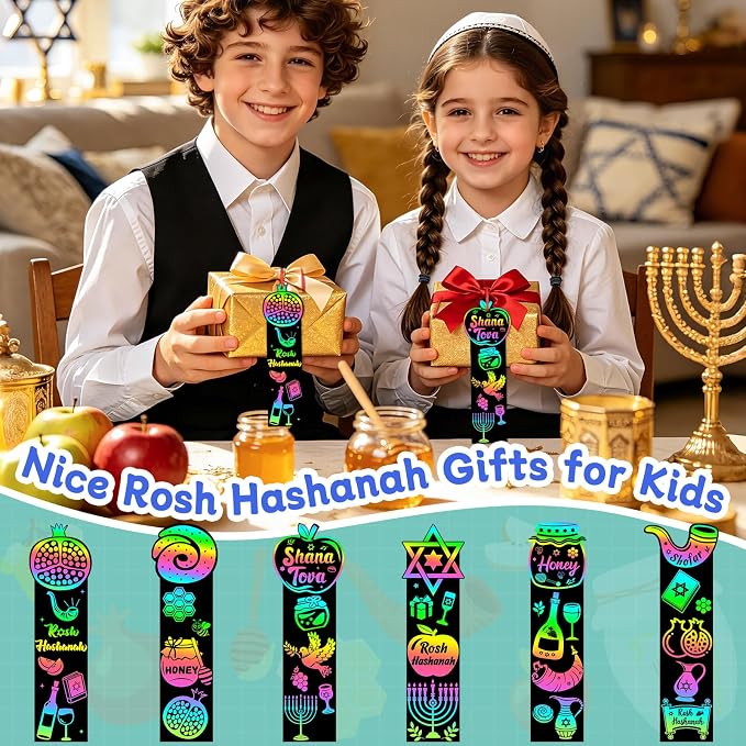 JUNEBRUSHS Rosh Hashanah Scratch Art Bookmarks 30 Pack Jewish New Year Scratch Cards Rosh Hashanah Crafts for Jewish Activities Rainbow DIY Gifts Party Supplies