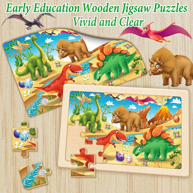 Wooden Puzzles for Kids Ages 4-6, 4 Pack 24 Pcs Toddler Puzzles Set for Ages 3-5, Educational Toys Gift for Boys Girls 3 4 5 6 7 8 (Dinosaur Land, Volcano, Sea & Forest Dino Worlds)