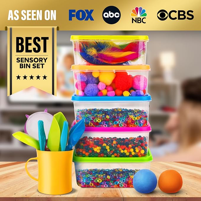 Sensory Kit for Toddlers and Kids - Includes 6 Bins with Lids, Play Tools, Sand, Feathers, Clay, Color Beads and Pom Poms Kids Box Fillers