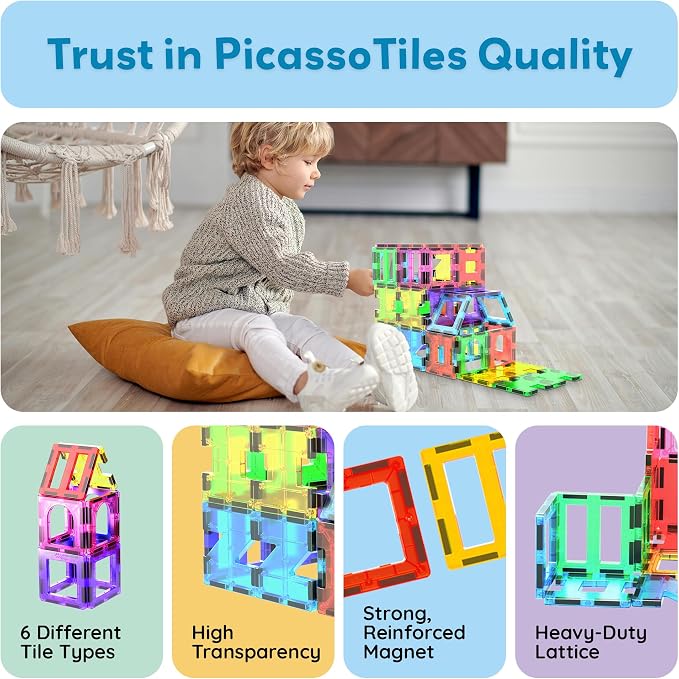 PicassoTiles Magnetic Tiles Building Blocks STEM Toy Set for Kids Ages 3+ | geometric shapes, educational preschool playset, clear window design, ideal starter pack, early brain learning, pretend play