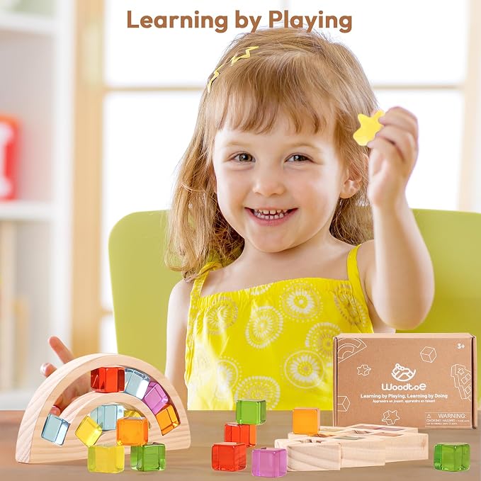Wooden Building Blocks Set for Kids, Rainbow & Tree Wood Frame - 24 PCS Acrylic Gem Cubes Stacking Blocks, Montessori Stacking Toys, Educational Birthday Toys Gift for Toddlers 3-6
