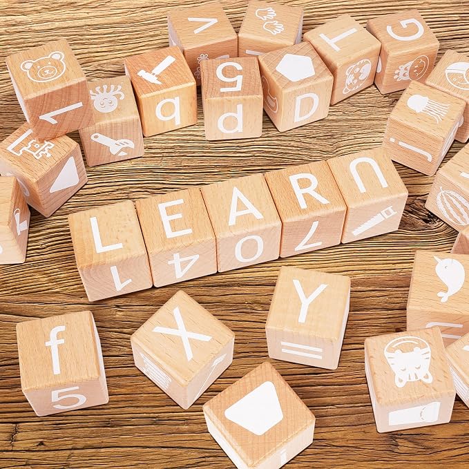 AXEARTE Alphabet Letters Stacking Blocks, 26 Wooden ABC Building Blocks for Toddlers, Number, Animals Icons on Every Side, Preschool Learning Educational Toys Montessori Sensory Toys for Kids（1.18in）