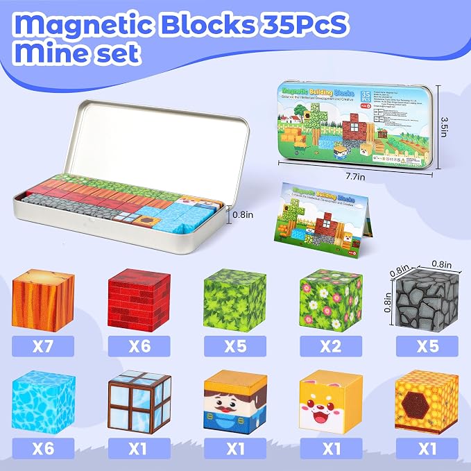 SYSKENI 35PCS Mini Farm Magnetic Blocks Travel Set for Kids Ages 3-5 4-8 | Magnetic Blocks Travel Toys Portable Magnet Cubes STEM Learning Toys with Portable Iron Storage Box Christmas Birthday Gifts