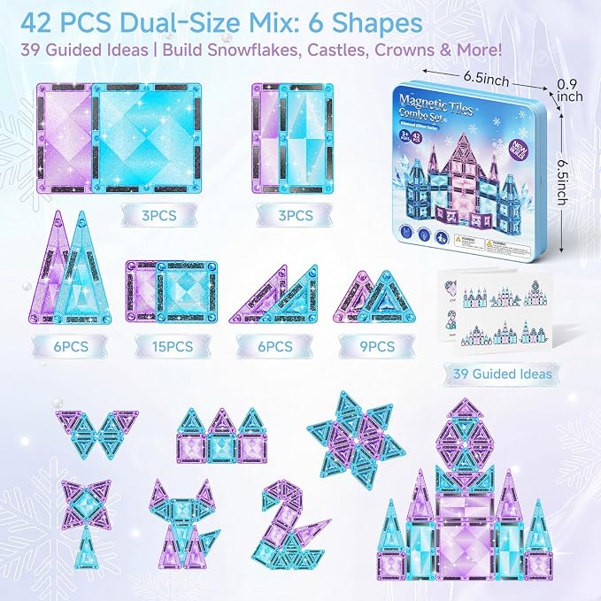 burgkidz Magnetic Tiles Travel Mix: Castle Gift for Girls 3-8 Portable | 42pcs mix sizes, ice-purple, storage tin base, 595g, BPA-free, ASTM safe, strong magnets, screen-free travel for girls 3-8