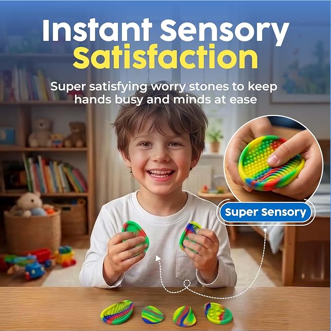 BUNMO Sensory Fidget Stones – 6pk Rainbow | Silicone Worry Stones for Kids Ages 3+ | Portable, Textured, Quiet Sensory Stones for Hands-On Play
