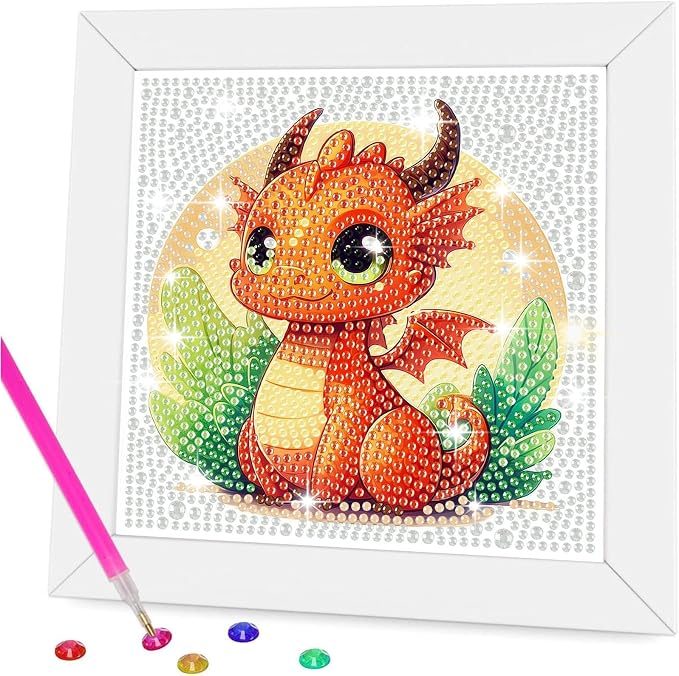 Gemozaic Dragon Diamond Art Kits for Kids Ages 4-8-12 with Frame, 7 x 7 in | Cute Dragon Diamond Art for Kids 10 12 Year Old, DIY Easy Kid Big Gem Painting, Animal Arts and Crafts for Girl Birthday Gift