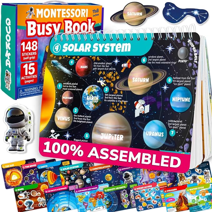 Montessori Busy Book for Kids Ages 4-8 — My Preschool Toddler Busy Book 3-5 | Velcro Pre K Toddler Learning Busy Book for Homeschooling — Kids Educational Solar System — 15 Activities with 178 Elements