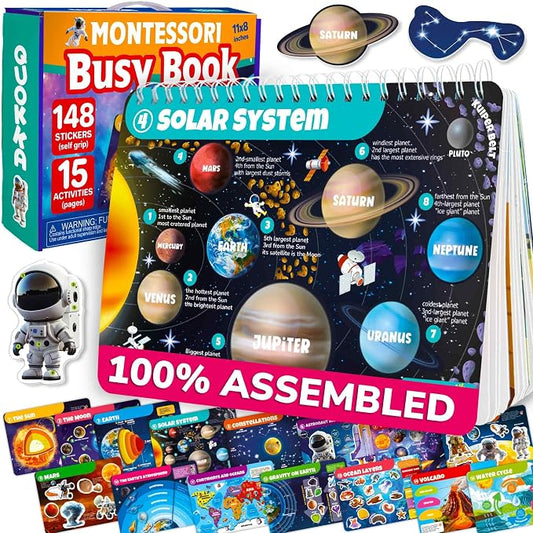 Montessori Busy Book for Kids Ages 4-8 — My Preschool Toddler Busy Book 3-5 | Velcro Pre K Toddler Learning Busy Book for Homeschooling — Kids Educational Solar System — 15 Activities with 178 Elements