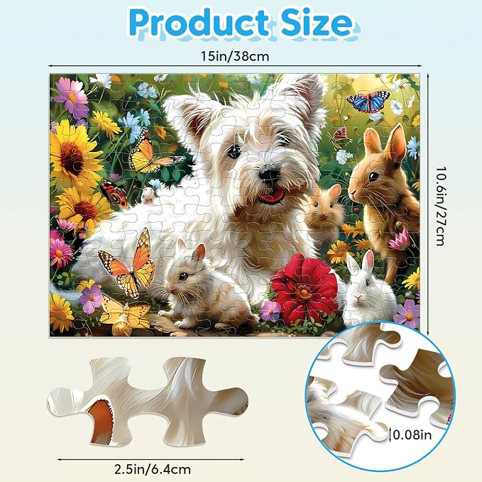 Jeacirio 4 Pack 100 Piece Puzzles for Kids Ages 4-6, 6-8, 8-10, Cute Animal Jigsaw Set with Rabbits, Kittens, Bears & Puppy Friends, Large Piece Gift Set with Posters and Storage Bags