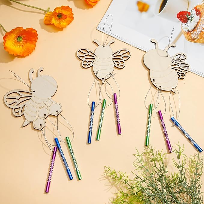 Leinuosen 30 Pcs Wind Chime Kit Make Your Own Bee Crafts for Kids | DIY Bee Windchimes Crafts Decorative Coloring Wooden Crafts for Spring Summer Party Art Activities Home Patio Decor