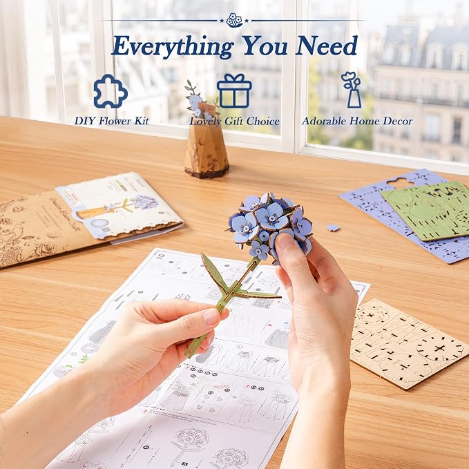 rowood Blue Hydrangea 3D Puzzles for Adults,DIY Wooden Flower Craft Kits for Women,Botannical Collection Home Decor,Mothers Day/Teachners Day Gift