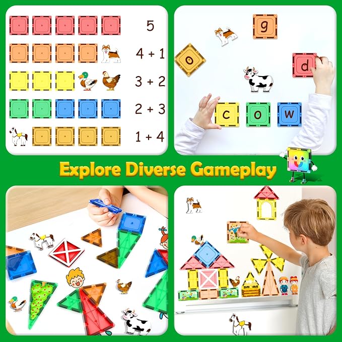 105 PCS Magnetic Tiles with Farm Animals, Magnetic Blocks Building Toys for 3+ Year Old Toddler, Construction STEM Magnet Toys Gift for Kids, Boys and Girls 3 4 5 6 7 8+ Year Old