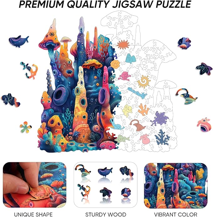 Qiuenisray Wooden Puzzles for Adults, Coral Ocean Jigsaw Puzzles 200 Pieces, FSC Certified Beautiful Wall Decor Puzzles, Unique Animal Shape Puzzle, Creative Gift for Family Game 11x11.2 in