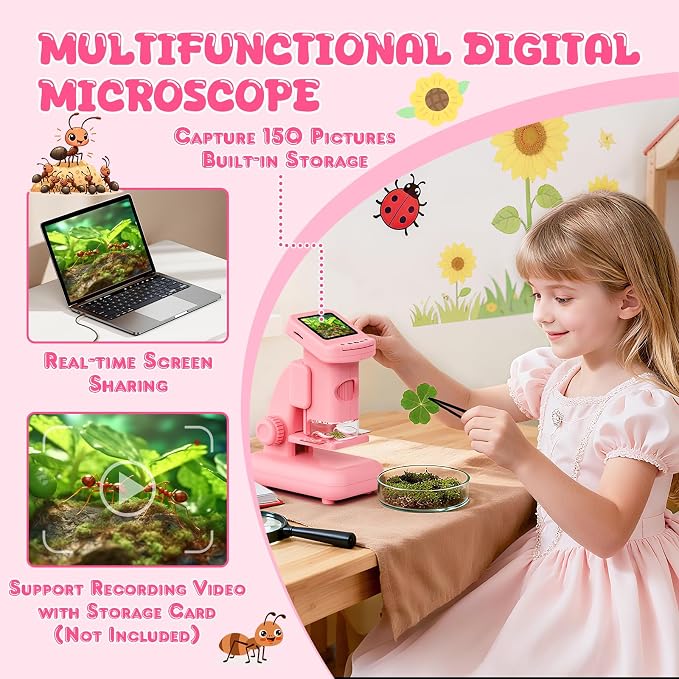 1200X Microscope for Kids, 2 in 1 Handheld & Desktop Digital Microscope with 9 Slides Science Kit, Portable Microscope HD Screen Video Record, STEM Educational Toys Gifts for Ages 6-12 Boys Girls