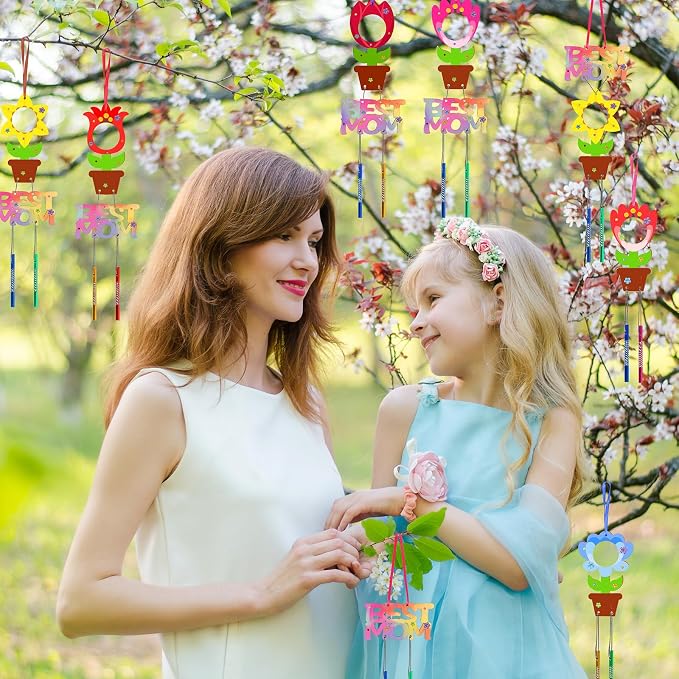 Fennoral 12 Pack Flower MOM Wind Chime Kit for Kids Make You Own Mother's Day Craft Kit DIY Coloring Wooden Art and Craft for Mom's Birthday Decoration Mother's Day Gifts from Daughter Son