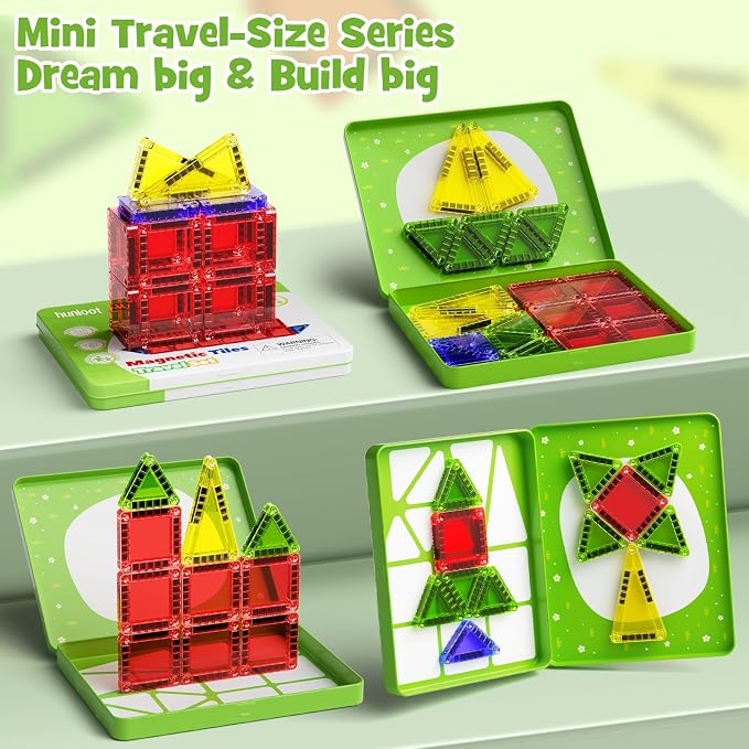Mini Magnetic Tiles Travel Toys: 26PCS Set,Iron Storage Box,Car Activities | Portable Mini Building Blocks, Case Opens Into 9.4-Inch Play Board, Airplane, Road Trip & Outdoor Play for Toddlers Ages 3-8