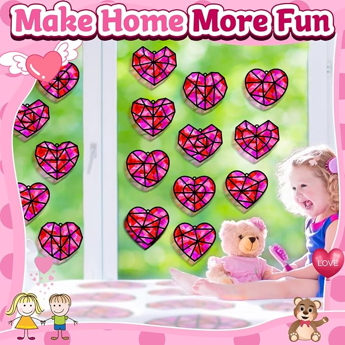 32 Sets Heart Suncatchers Craft Kit for Valentine's Day DIY Window Stained Glass Paper Pink Love Home School Classroom Decor Valentines Art Craft Creative Activity Project Kid Christmas Gift Favor