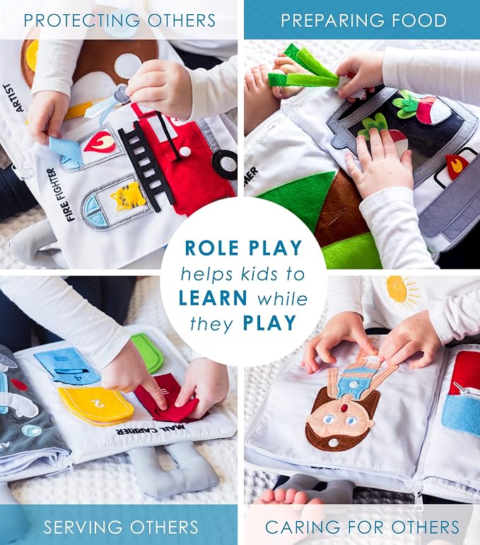 Curious Columbus When I Grow Up Quiet Book, Fabric Busy Book for Travel | 10 Interactive Pages, Astronaut, Firefighter, Chef and Farmer Roles, Snap Fasteners, Book Zips Closed with Carry Handles