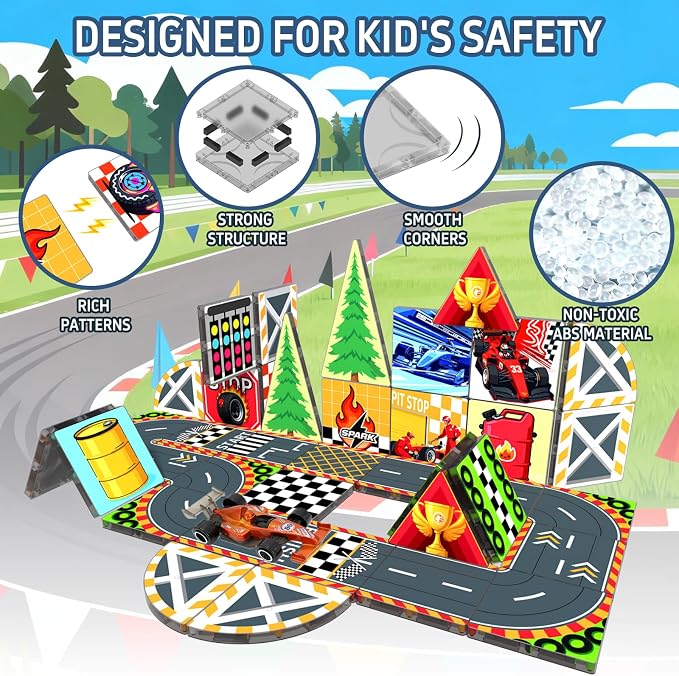 Magnetic Tiles Magnetic Building Blocks for Kids Ages 3-5 4-8, STEM Montessori Preschool Classroom Must Haves, Toddler Sensory Educational Toys for Boys Girls, Christmas Birthday Gift (Racing Car)