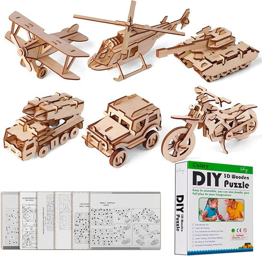 calary 3D Wooden Puzzle Simulation Animal Dinosaur Assembly DIY Model Toy for Kids and Adults,Set of 6