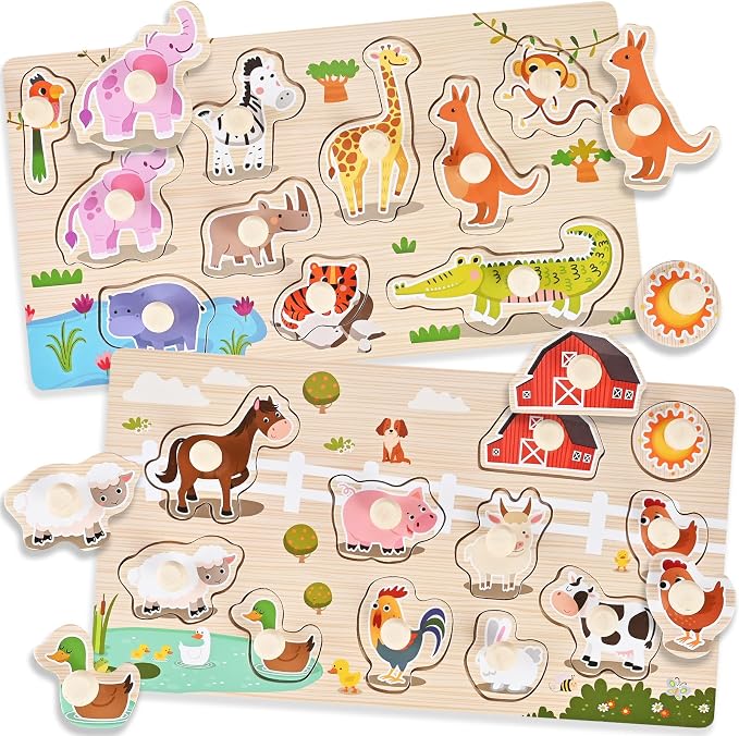 Wooden Peg Puzzles for Toddlers 1-3, 2 Pcs Montessori Puzzles, Zoo & Farm Animal Puzzles, Great Preschool Educational Learning Gifts for Girls and Boys