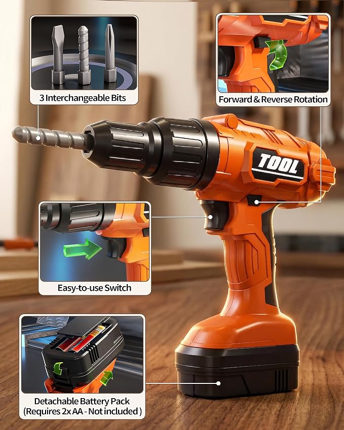 Eohemeral 36Pcs Kids Tool Set with Belt & Electronic Drill | Toddler Construction Toys for Boys Girls 3-5, Sturdy Tool Bag Suitable for Outdoor Use