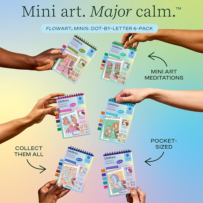 Lifelines FlowArt Mini Activity Pads, 6-Pack, Dot-by-Letter Coloring Books | 30 Markers & 120 Scenes - Guided Art Meditations for Tweens, Adults & Seniors - Dot-by-Letter - Patent-Pending