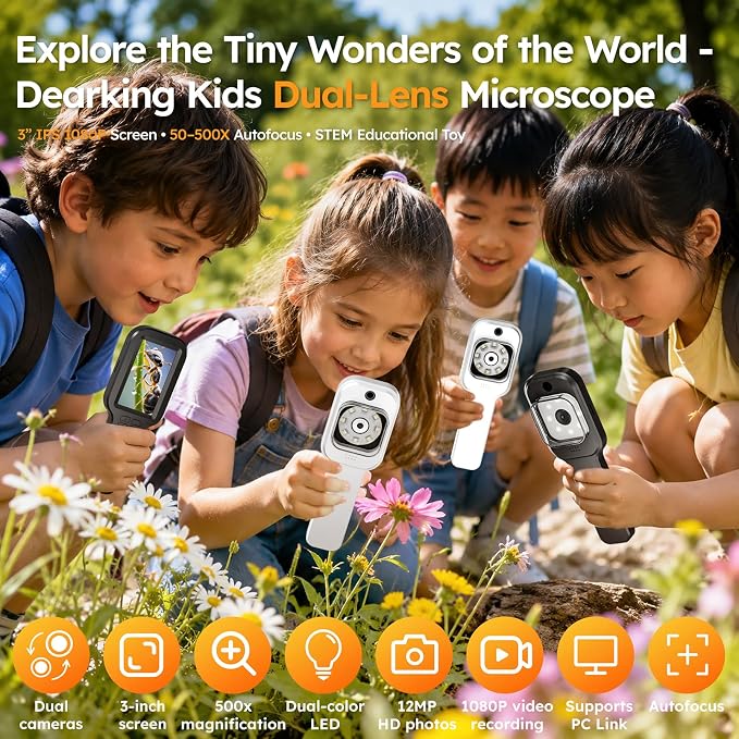 Kids Microscope Camera 500X Autofocus Magnifier STEM Gift Toy for Ages 4-12 | Handheld Digital Magnifying Glass Camera with 3.0" HD Screen and Photo/Video Record, Portable Edu Science Kits for Children
