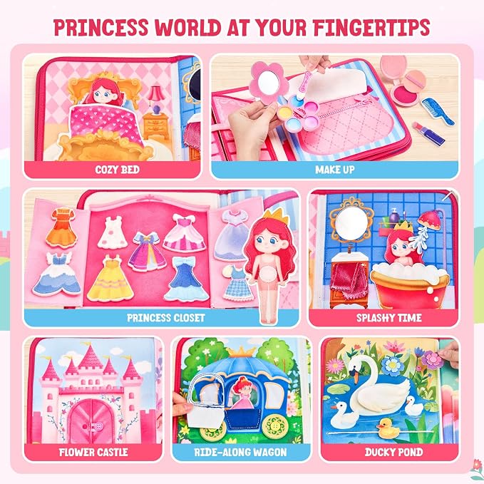 JoyCat Princess Busy Book for Toddlers 1-3, Dress Up Montessori Quiet Toy | Princess busy book with dress-up activities encourages fine motor skills, creativity and quiet travel play for toddlers.