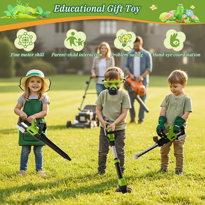 Kids Tool Set, 3-IN-1 Power Tools with Sounds & Lights, Volume, Kids Toy Weed Wacker, Leaf Blower & Hedge Trimmer, Hat, Gloves, Apron, Toy Tools Garden Outdoor Lawn Christmas Birthday Gifts for Boys
