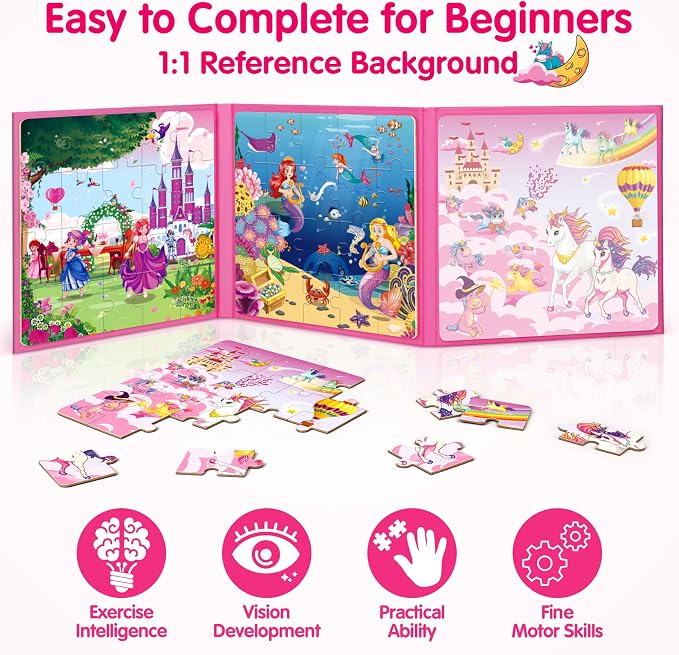 SYNARRY Unicorn Mermaid Princess Magnetic Puzzles for Kids 3-5, Travel Toys | 20-Piece Magnetic Travel Puzzle for Kids Ages 4-6, Car Airplane Road Trip Activities, Quiet Time Toys, Girls Birthday Gifts