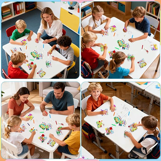24 Sets Back to School Crafts for Kids Bulk, First Day of School DIY Arts Kits Puzzle Activities Bus Glasses Apple Pencil, Religious Jigsaw for Classroom Gifts, Party Favors, Coloring Games Supplies